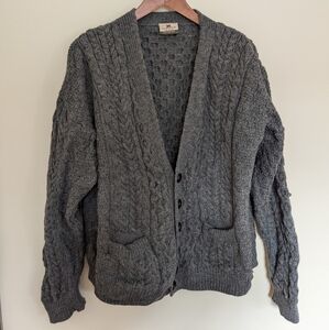 Carraigdonn Irish Merino wool v neck cardigan cable knit sweater grey me…